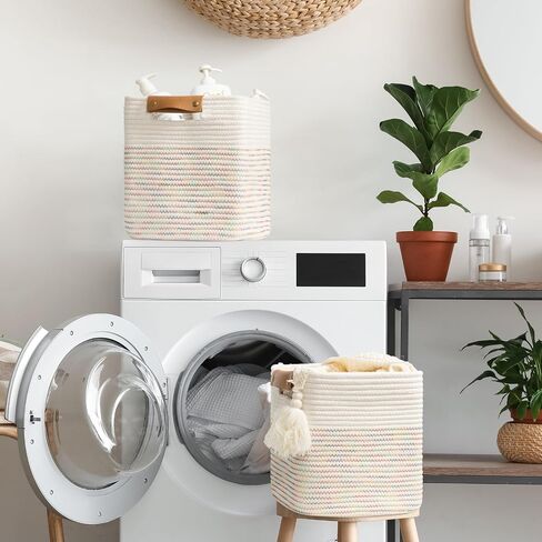 danpinera 11 Inch Storage Baskets, Woven Baskets for Organizing, 3 Pack Storage Cubes for Shelves, Closet, Nursery with Removable Leather Handles, White & Mixed Brown in Saudi Arabia