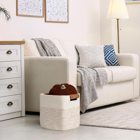 danpinera 11 Inch Storage Baskets, Woven Baskets for Organizing, 3 Pack Storage Cubes for Shelves, Closet, Nursery with Removable Leather Handles, White & Mixed Brown in Saudi Arabia