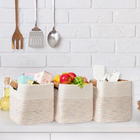danpinera 11 Inch Storage Baskets, Woven Baskets for Organizing, 3 Pack Storage Cubes for Shelves, Closet, Nursery with Removable Leather Handles, White & Mixed Brown in Saudi Arabia