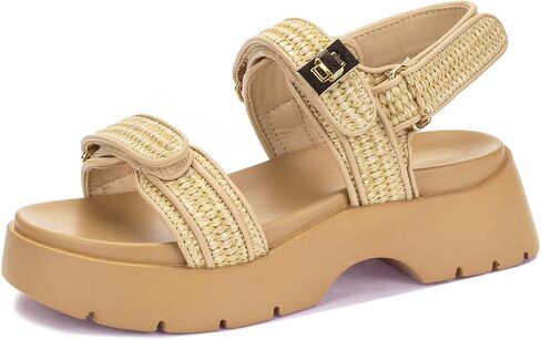 Women's Raffia Platform Sandals Adjustable Double Buckle Strap Open Toe Slingback Summer Beach Sandals Thick Sole in Saudi Arabia
