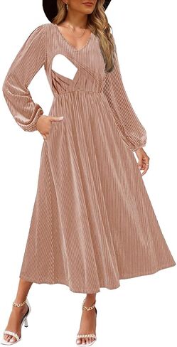 Women's Nursing Long Sleeve V Neck Velvet Maxi Dress Flowy Wedding Party Dresses with Pockets in Saudi Arabia