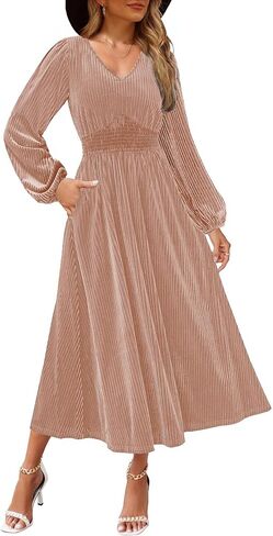 Women's Nursing Long Sleeve V Neck Velvet Maxi Dress Flowy Wedding Party Dresses with Pockets in Saudi Arabia