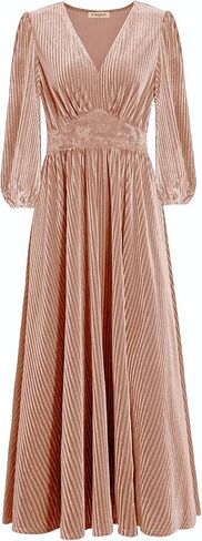 Women's Nursing Long Sleeve V Neck Velvet Maxi Dress Flowy Wedding Party Dresses with Pockets in Saudi Arabia