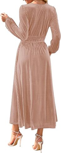 Women's Nursing Long Sleeve V Neck Velvet Maxi Dress Flowy Wedding Party Dresses with Pockets in Saudi Arabia