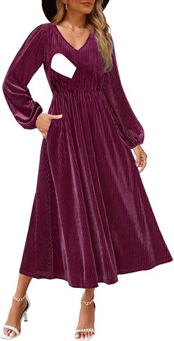 Women's Nursing Long Sleeve V Neck Velvet Maxi Dress Flowy Wedding Party Dresses with Pockets in Saudi Arabia