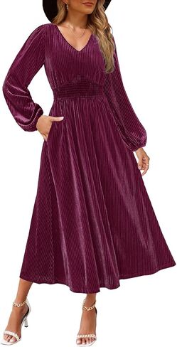 Women's Nursing Long Sleeve V Neck Velvet Maxi Dress Flowy Wedding Party Dresses with Pockets in Saudi Arabia