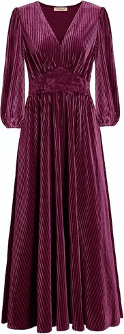Women's Nursing Long Sleeve V Neck Velvet Maxi Dress Flowy Wedding Party Dresses with Pockets in Saudi Arabia