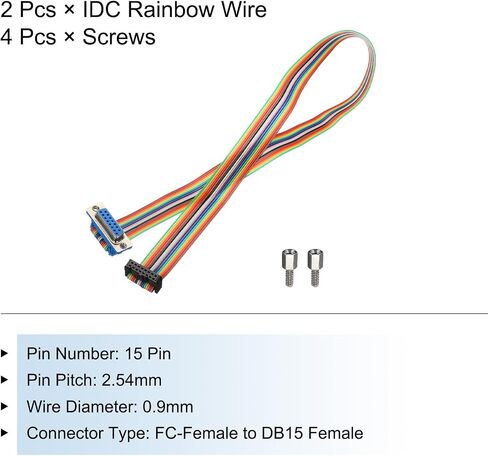 MECCANIXITY 2 Pcs IDC Rainbow Wire Flat Ribbon Cable FC-Female to DB15 Female 19.7 Inch Length 2.54mm Pitch Breadboard Jumper Wires for Electronic Projects in Saudi Arabia