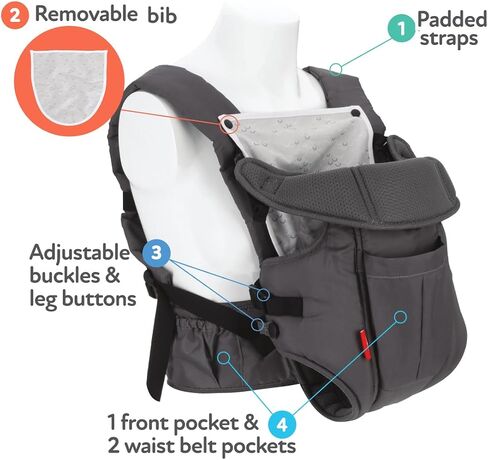 Nuby Deluxe Baby Carrier: Newborn to Toddler with Lumbar Support for 7.7-32.8 lb. (3.5-14.9 kg) Lightweight Breathable Mesh Fabric Bonus Teether Removeable Baby Drool Bib Color: Black in Saudi Arabia