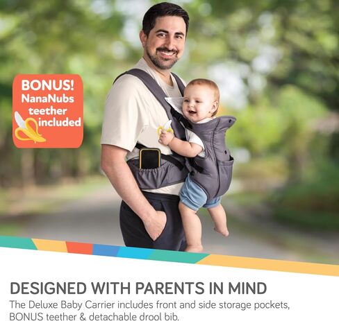 Nuby Deluxe Baby Carrier: Newborn to Toddler with Lumbar Support for 7.7-32.8 lb. (3.5-14.9 kg) Lightweight Breathable Mesh Fabric Bonus Teether Removeable Baby Drool Bib Color: Black in Saudi Arabia
