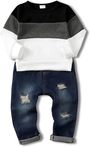 SODLON Toddler Baby Boy Clothes Sweatshirt Jeans Fall Winter Outfits 12M-5T | Infant Boys Clothes, Long Sleeve Pullover Top Ripped Denim Pants Sets, Kids Outfit Clothing for School Birthday and Photos in Saudi Arabia