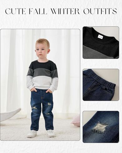 SODLON Toddler Baby Boy Clothes Sweatshirt Jeans Fall Winter Outfits 12M-5T | Infant Boys Clothes, Long Sleeve Pullover Top Ripped Denim Pants Sets, Kids Outfit Clothing for School Birthday and Photos in Saudi Arabia