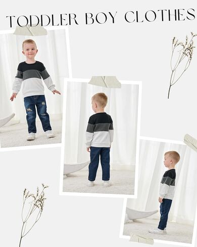 SODLON Toddler Baby Boy Clothes Sweatshirt Jeans Fall Winter Outfits 12M-5T | Infant Boys Clothes, Long Sleeve Pullover Top Ripped Denim Pants Sets, Kids Outfit Clothing for School Birthday and Photos in Saudi Arabia