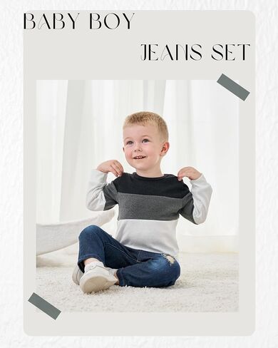 SODLON Toddler Baby Boy Clothes Sweatshirt Jeans Fall Winter Outfits 12M-5T | Infant Boys Clothes, Long Sleeve Pullover Top Ripped Denim Pants Sets, Kids Outfit Clothing for School Birthday and Photos in Saudi Arabia