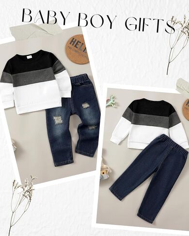 SODLON Toddler Baby Boy Clothes Sweatshirt Jeans Fall Winter Outfits 12M-5T | Infant Boys Clothes, Long Sleeve Pullover Top Ripped Denim Pants Sets, Kids Outfit Clothing for School Birthday and Photos in Saudi Arabia