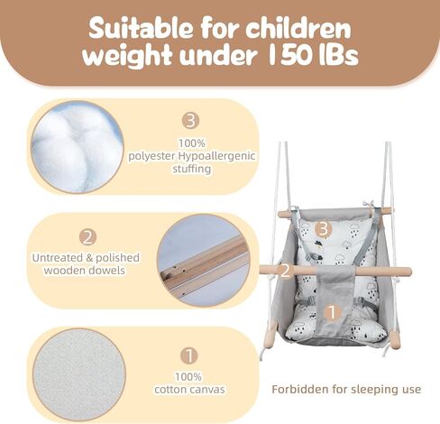 أرجوحة قماشية للرضع من Glaf Baby Swing للاستخدام الخارجي والداخلي للأطفال الصغار من البنات والصبيان مع مقعد مريح وحزام أمان بارتفاع 5 نقاط قابل للتعديل و3 أوضاع (رمادي) in Kuwait