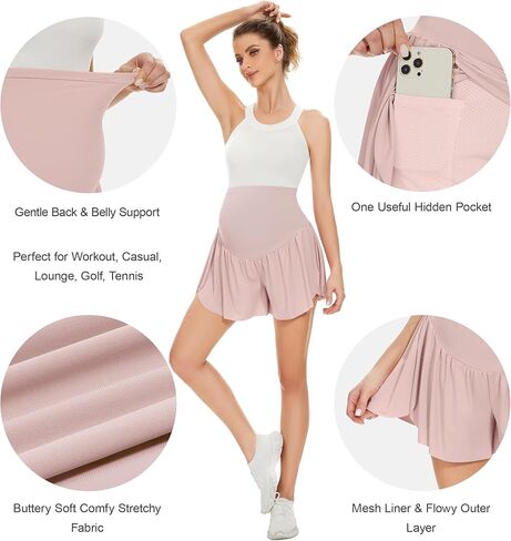 POSHGLAM شورت نسائي فضفاض للحوامل فوق البطن للتمارين الرياضية والجري والتنس مريح وقابل للتمدد في الصيف in Kuwait