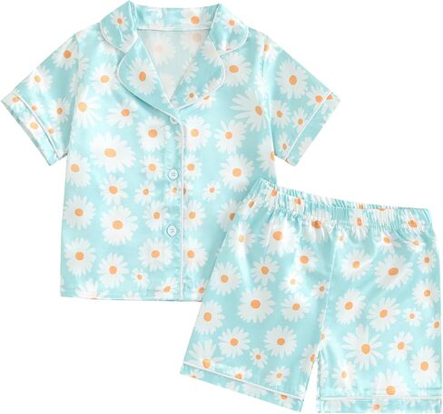 Multitrust Baby Girls Silk Pajamas Set Daisy Floral Girl Short Sleeve Button Down Shirts and Shorts Matching Pj Lounge Set in Saudi Arabia