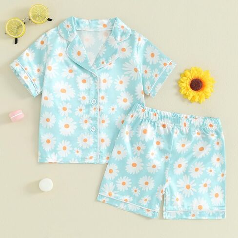 Multitrust Baby Girls Silk Pajamas Set Daisy Floral Girl Short Sleeve Button Down Shirts and Shorts Matching Pj Lounge Set in Saudi Arabia