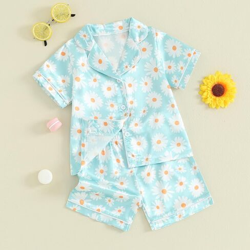 Multitrust Baby Girls Silk Pajamas Set Daisy Floral Girl Short Sleeve Button Down Shirts and Shorts Matching Pj Lounge Set in Saudi Arabia