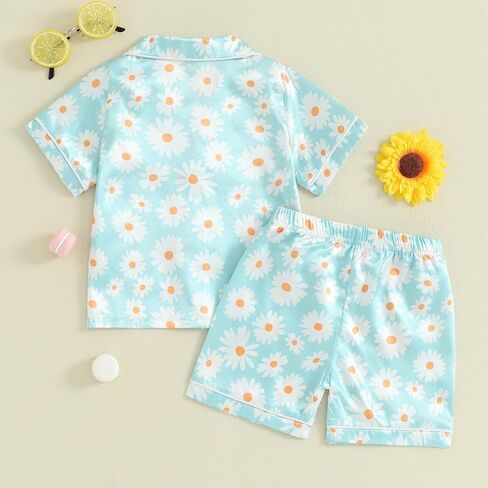 Multitrust Baby Girls Silk Pajamas Set Daisy Floral Girl Short Sleeve Button Down Shirts and Shorts Matching Pj Lounge Set in Saudi Arabia