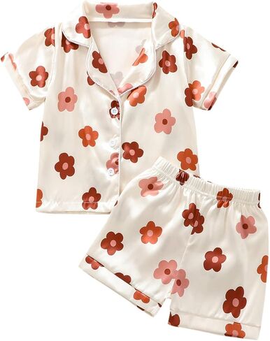 Multitrust Baby Girls Silk Pajamas Set Daisy Floral Girl Short Sleeve Button Down Shirts and Shorts Matching Pj Lounge Set in Saudi Arabia