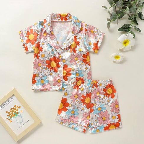Multitrust Baby Girls Silk Pajamas Set Daisy Floral Girl Short Sleeve Button Down Shirts and Shorts Matching Pj Lounge Set in Saudi Arabia