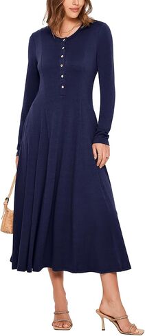Glamaker Women's 2024 Fall Long Sleeve Midi Dress Casual Crew Neck A line Rib Knit Dress with Pockets in Kuwait