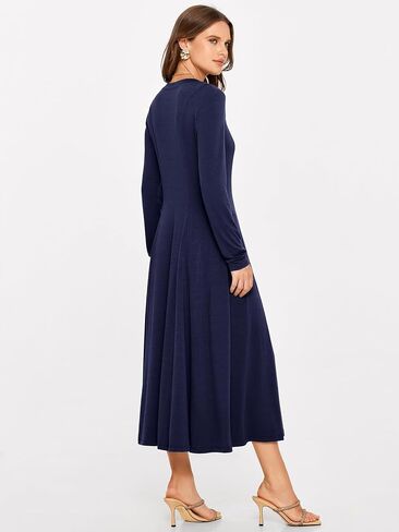 Glamaker Women's 2024 Fall Long Sleeve Midi Dress Casual Crew Neck A line Rib Knit Dress with Pockets in Kuwait