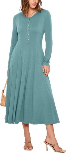 Glamaker Women's 2024 Fall Long Sleeve Midi Dress Casual Crew Neck A line Rib Knit Dress with Pockets in Kuwait