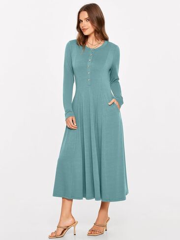 Glamaker Women's 2024 Fall Long Sleeve Midi Dress Casual Crew Neck A line Rib Knit Dress with Pockets in Kuwait