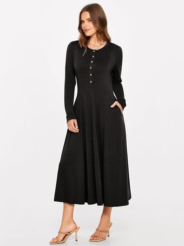 Glamaker Women's 2024 Fall Long Sleeve Midi Dress Casual Crew Neck A line Rib Knit Dress with Pockets in Kuwait