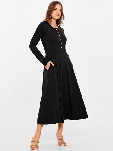 Glamaker Women's 2024 Fall Long Sleeve Midi Dress Casual Crew Neck A line Rib Knit Dress with Pockets in Kuwait
