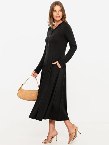 Glamaker Women's 2024 Fall Long Sleeve Midi Dress Casual Crew Neck A line Rib Knit Dress with Pockets in Kuwait
