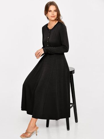 Glamaker Women's 2024 Fall Long Sleeve Midi Dress Casual Crew Neck A line Rib Knit Dress with Pockets in Kuwait