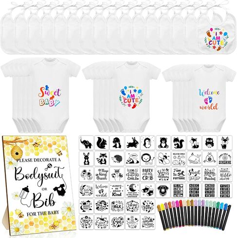 Chuarry 128 Pcs DIY Baby Shower Game Gift, Include 30 White Bibs 27 Baby Bodysuits 20 Markers 50 Stencils 1 Wooden Sign in Saudi Arabia