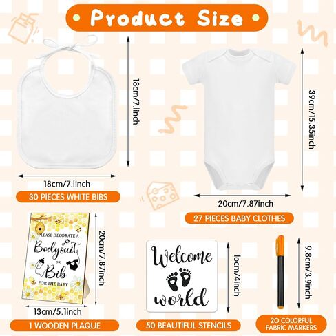Chuarry 128 Pcs DIY Baby Shower Game Gift, Include 30 White Bibs 27 Baby Bodysuits 20 Markers 50 Stencils 1 Wooden Sign in Saudi Arabia
