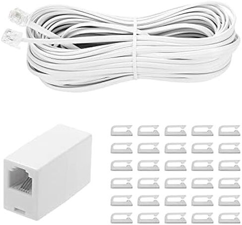 20 Feet Long Telephone Extension Cord Phone Cable Line Wire, with Standard RJ11 Plug and 1 in-Line Couplers and 15 Cable Clip Holders-White (20 Feet) in Kuwait
