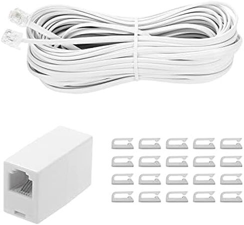 20 Feet Long Telephone Extension Cord Phone Cable Line Wire, with Standard RJ11 Plug and 1 in-Line Couplers and 15 Cable Clip Holders-White (20 Feet) in Kuwait