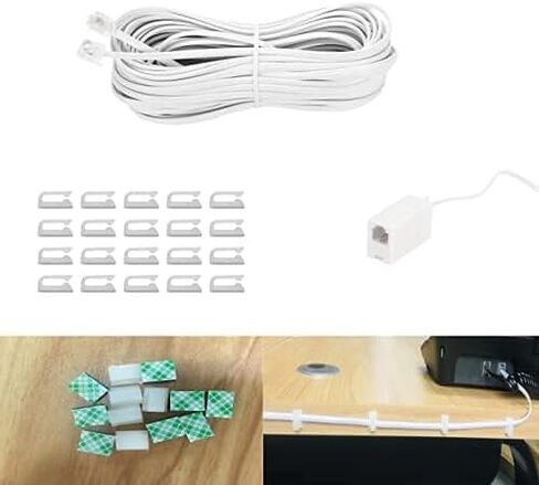 20 Feet Long Telephone Extension Cord Phone Cable Line Wire, with Standard RJ11 Plug and 1 in-Line Couplers and 15 Cable Clip Holders-White (20 Feet) in Kuwait