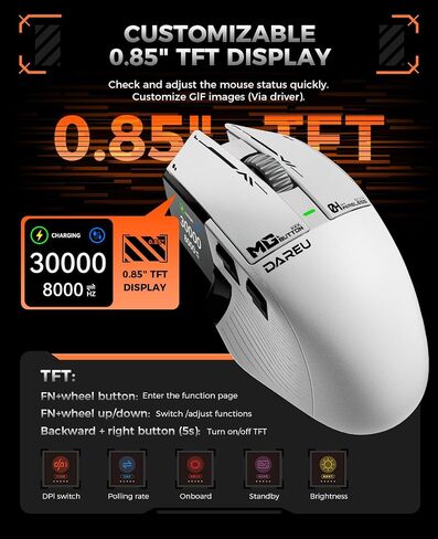 DAREU A980PROMAX ماوس ألعاب سلكي 8K/لاسلكي 4K مع شاشة ملونة TFT مقاس 0.85 بوصة - استقصاء 8000 هرتز - مستشعر بصري 30 كيلو نقطة في البوصة - أزرار سبائك المغنيسيوم - اتصال 2.4 جيجا هرتز لاسلكي / BT / USB - جهاز استقبال نانو متضمن in Kuwait