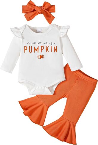 Baby Girl Halloween Outfit Pumpkin Romper+Flared Pants Infant Fall Clothes 0-18M in Saudi Arabia
