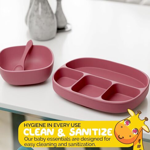 Baby Feeding Set by Muqee Peeko as a Baby Feeding Essentials in Baby Apricot Color with Baby Suction Plates for Toddlers, Baby Bowls with Suction and Baby Spoon (3 Piece Set) in Saudi Arabia
