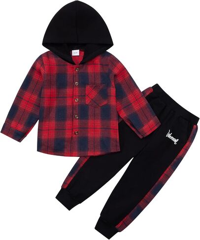 ESHOO Toddler Boys Fall Clothes Long Sleeve Hoody Plaid Sweatshirt Top + Sweatpants Long Pants 2-Piece Kids Winter Outfits in Saudi Arabia