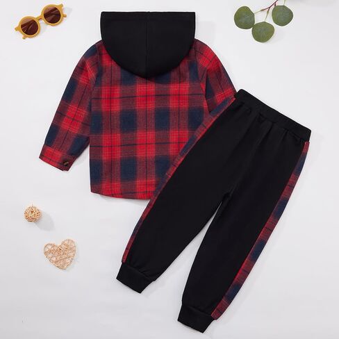 ESHOO Toddler Boys Fall Clothes Long Sleeve Hoody Plaid Sweatshirt Top + Sweatpants Long Pants 2-Piece Kids Winter Outfits in Saudi Arabia