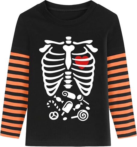 Kids Halloween Shirt Boys Girls Skeleton Hocus Pocus Pumpkin Face Glow in The Dark Graphic Tees Stripe Toddler Long Sleeve in Kuwait