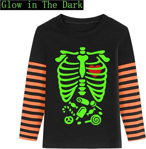 Kids Halloween Shirt Boys Girls Skeleton Hocus Pocus Pumpkin Face Glow in The Dark Graphic Tees Stripe Toddler Long Sleeve in Kuwait