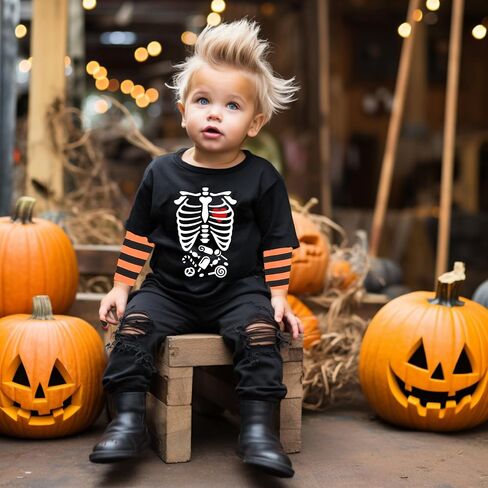 Kids Halloween Shirt Boys Girls Skeleton Hocus Pocus Pumpkin Face Glow in The Dark Graphic Tees Stripe Toddler Long Sleeve in Kuwait
