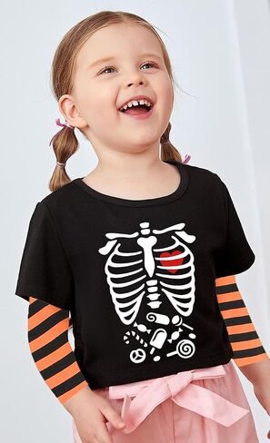 Kids Halloween Shirt Boys Girls Skeleton Hocus Pocus Pumpkin Face Glow in The Dark Graphic Tees Stripe Toddler Long Sleeve in Kuwait