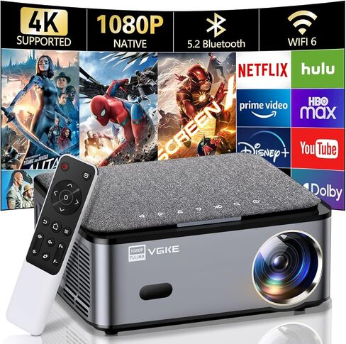 VGKE Smart 4K Projector with WiFi and Bluetooth, 800 ANSI Full HD 1080p Outdoor Movie Projector, 6D/4P Keystone Home Theater Projector for Phone/TV Stick, iOS, Android(Gray) in Saudi Arabia